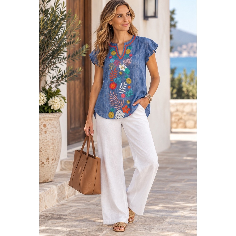 Talbots Linen Blend Embroidered Tropical Pineapple Boho Top Blue Large Boho NEW